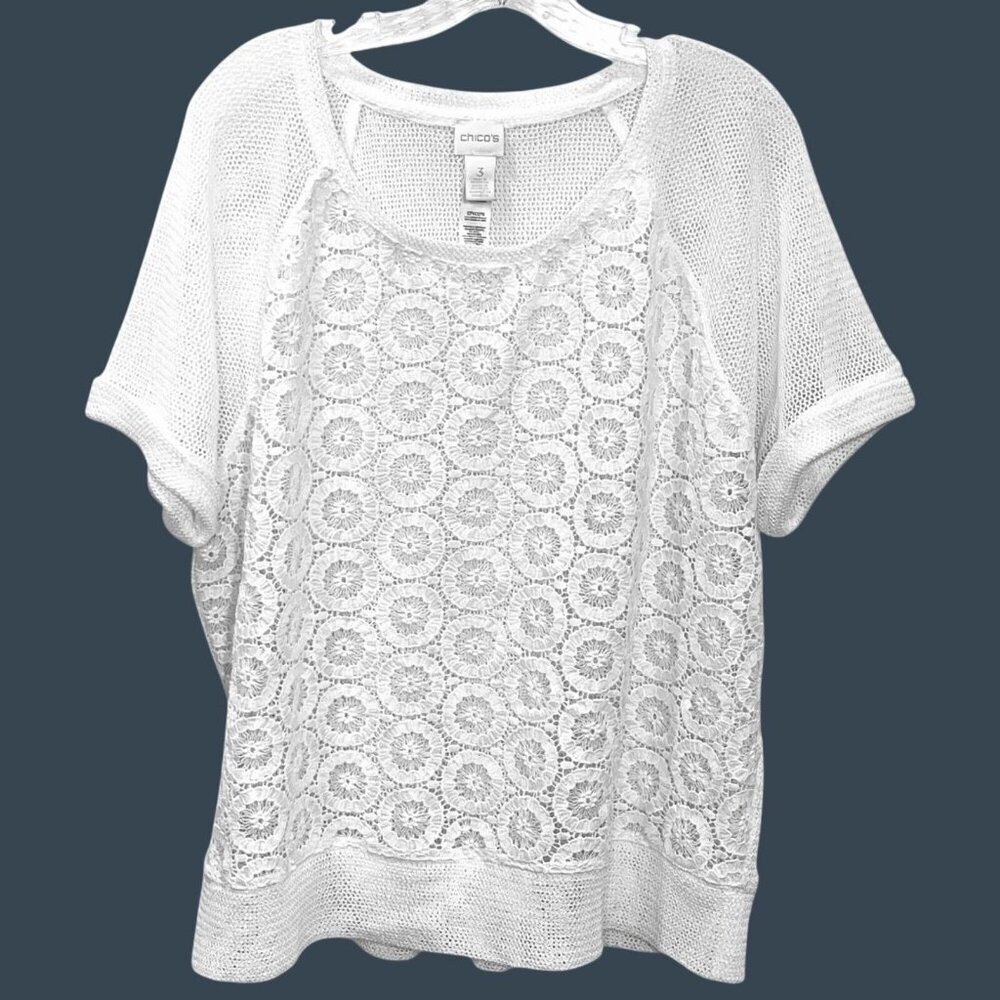 Chico's White Crochet Short Sleeve Top